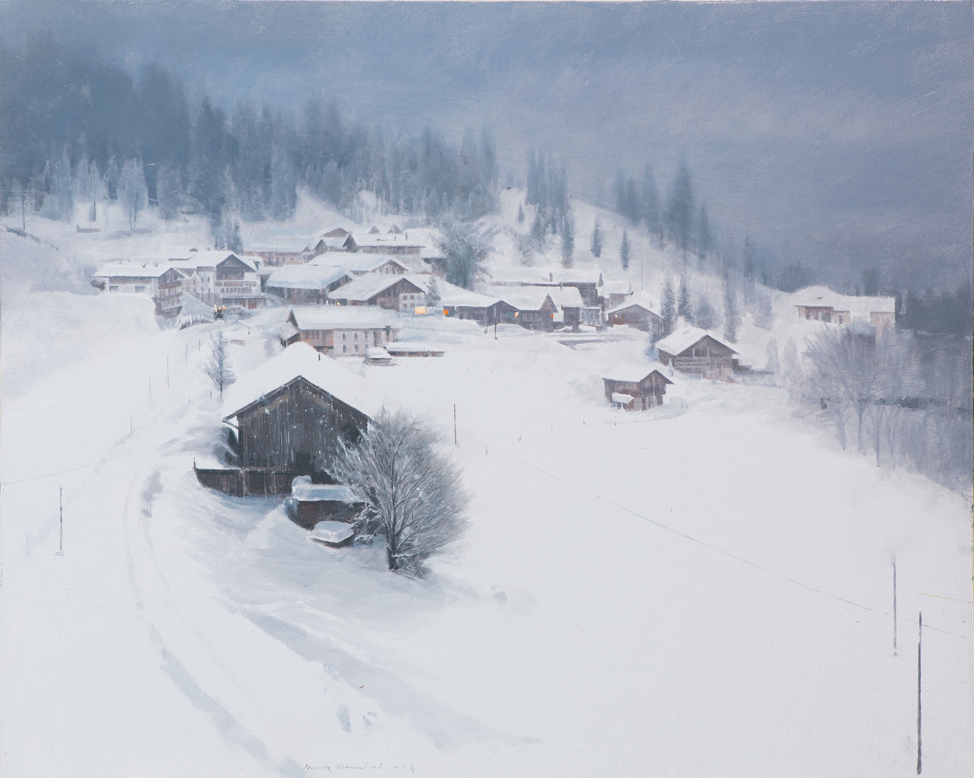 <span class='grassetto'>Neve.Composizione in grigio</span>[br], 2015, olio su tavola, cm 40x50
